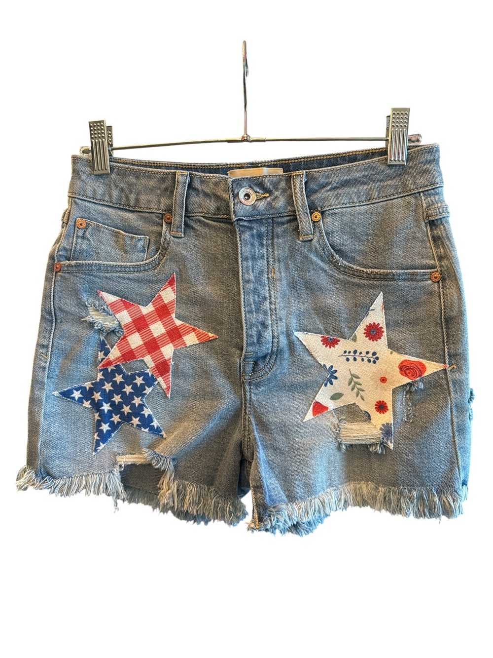 Judith March Light Blue Denim Shorts with Patriotic Star Patches